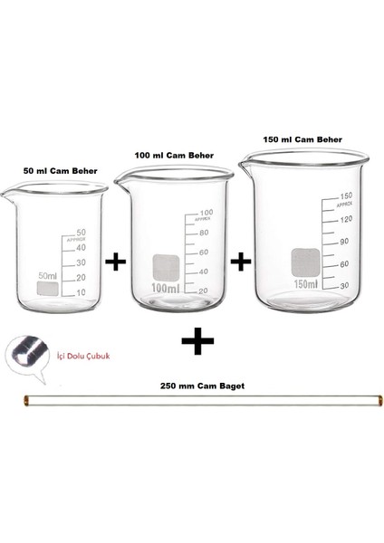 Cam Beher Seti 4 Parça 1'er Adet 50 ml 100 ml 150 ml Cam Beher ve 250 mm Cam Baget