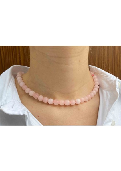 Sertifikalı Pembe Kuvars Taşı Doğaltaş Kolye 8 mm Mat