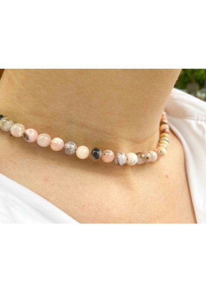 Sertifikalı Pembe Opal Taşı Doğaltaş Kolye 6 mm