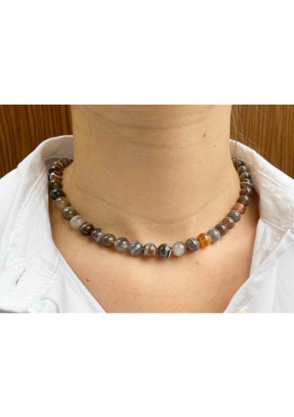 Sertifikalı Bostowanna Akik Taşı Doğaltaş Kolye 8 mm