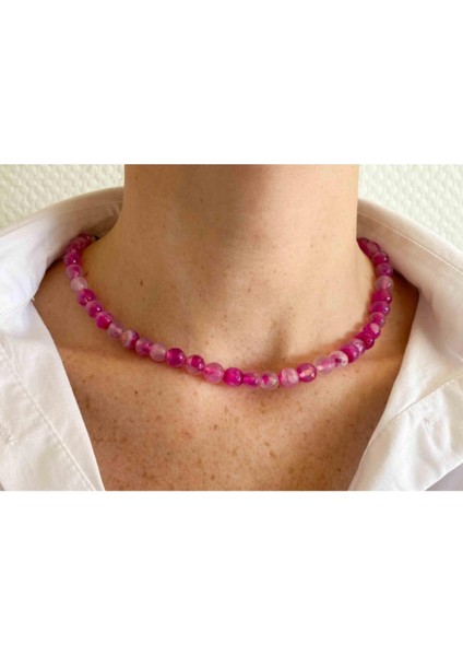 Sertifikalı Pembe Akik Taşı Doğaltaş Kolye 8 mm Faset