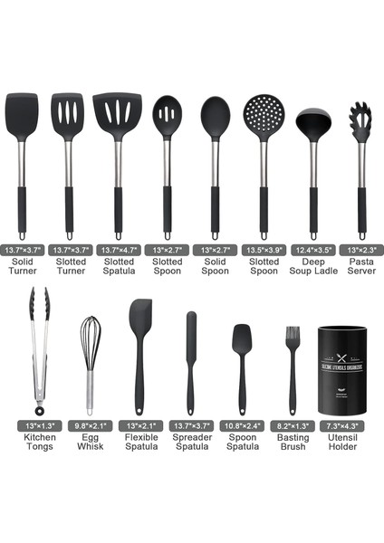 Silikon Mutfak Pişirme Gereçleri Seti, Pişirme ve Pişirme Için Premium Paslanmaz Saplı Isıya Dalı Gereçler Seti, Yapışmaz Spatula Mutfak Aletleri Tencere Seti (Siyah) (Yurt Dışından)
