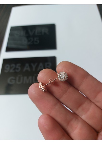 Zanaatsilver 925 Ayar Gümüş Zirkon Taşlı Rose Kaplama Elmas Montür Küpe
