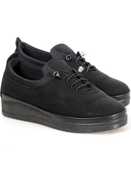 Siyah Nubuk Lastik Bağcıklı Sade Günlük Anne Ayakkabısı