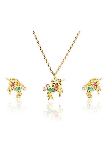 Unicorn Renkli Zirkon Taşlı Gümüş Takı Seti