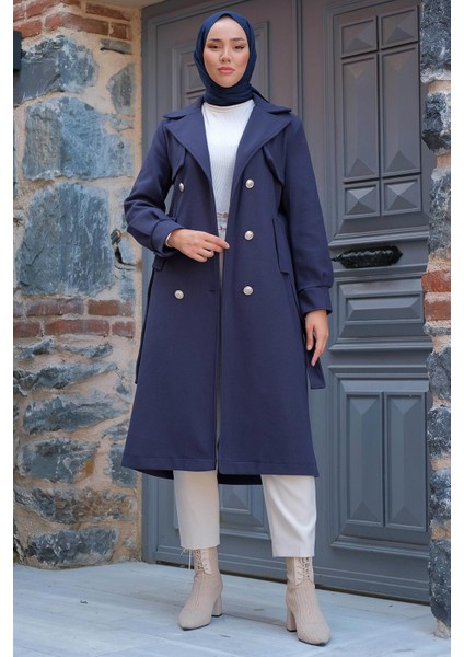 Kuşaklı Düğmeli Kaşe Kaban Lacivert HM2301