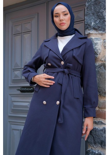 Kuşaklı Düğmeli Kaşe Kaban Lacivert HM2301