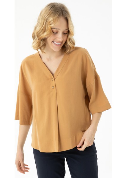Kadın Camel Kısa Kollu Gömlek 50263178-VR015