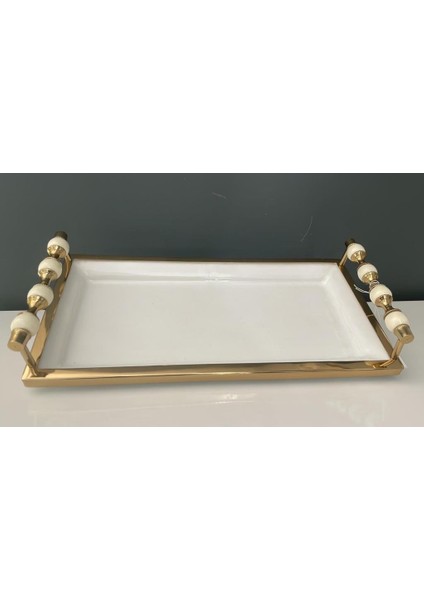 Kulplu Beyaz Gold Küçük Dikdörtgen Tepsi 18*36*8 cm