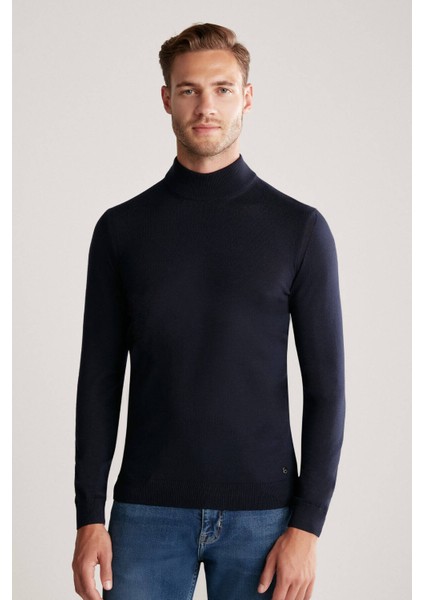 Yarım Balıkçı Yaka Merino Yün Lacivert Triko