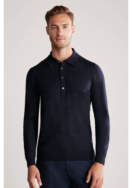 Extrafine Merino Polo Yaka Lacivert Triko