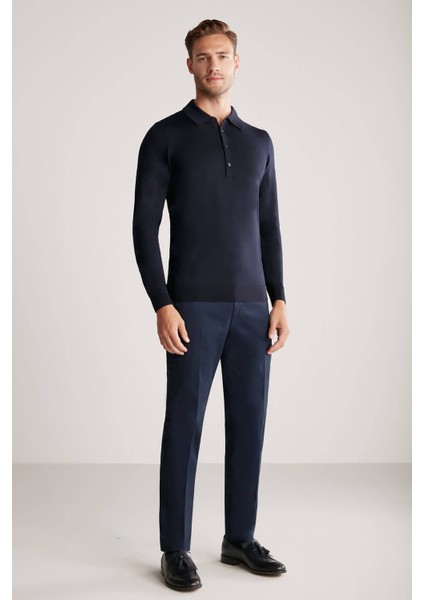 Extrafine Merino Polo Yaka Lacivert Triko indirimleri