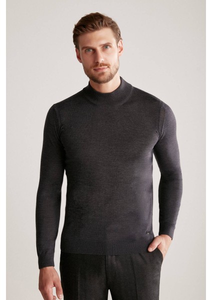 Yarım Balıkçı Yaka Merino Yün Antrasit Triko