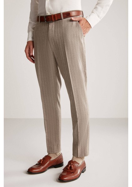 Kaşmir Karışım Flanel Chino Bej Çizgili Camel Pantolon modelleri