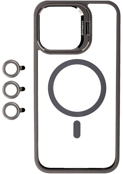 Apple iPhone 15 Pro Max Kılıf Wireless Şarj Özellikli Standlı Magsafe Klon Lensli Kapak Gri