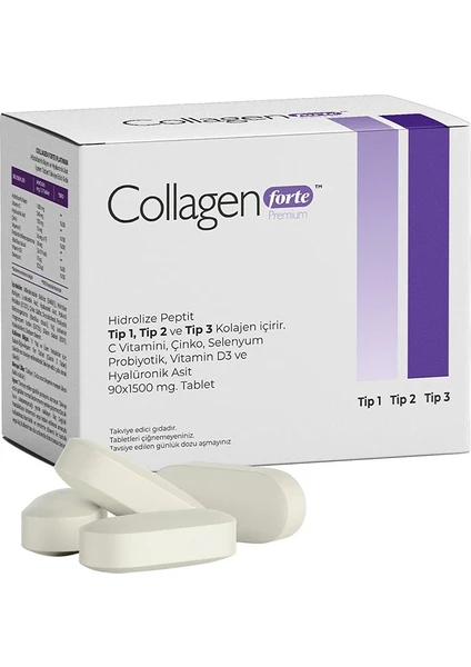 Collagen Forte Platinum Premium 3 Tip Kolajen, Hyalüronik Asit, Çinko, Selenyum & Vitamin C, 90 Tablet