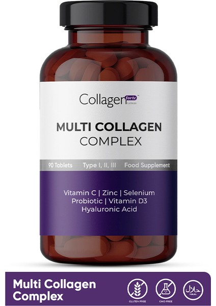 Collagen Forte Platinum Multi Collagen Complex, Hyalüronik Asit, Çinko, Selenyum, Vitamin C-E-D3 & Probiyotik, 90 Tablet