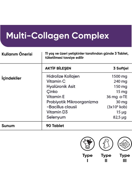 Collagen Forte Platinum Multi Collagen Complex, Hyalüronik Asit, Çinko, Selenyum, Vitamin C-E-D3 & Probiyotik, 90 Tablet