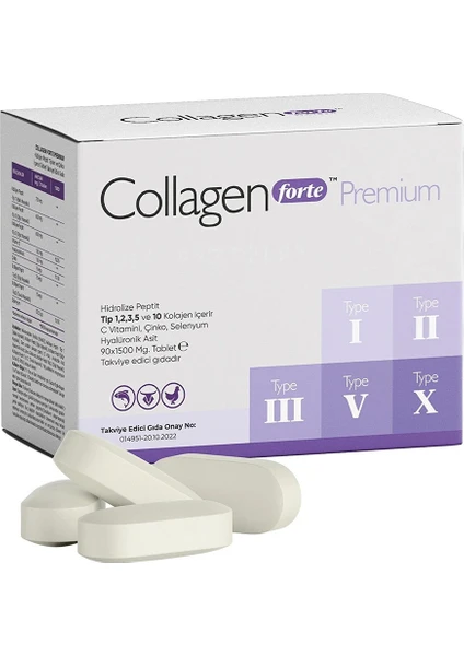 Collagen Forte Platinum Tip 1,2,3,5 ve Tip 10 Kolajen, Hyalüronik Asit, Çinko, Selenyum & Vitamin C, 90 Tablet