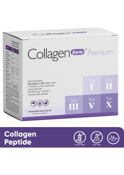 Collagen Forte Platinum Tip 1,2,3,5 ve Tip 10 Kolajen, Hyalüronik Asit, Çinko, Selenyum & Vitamin C, 90 Tablet