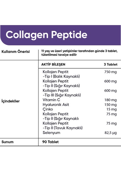 Collagen Forte Platinum Tip 1,2,3,5 ve Tip 10 Kolajen, Hyalüronik Asit, Çinko, Selenyum & Vitamin C, 90 Tablet