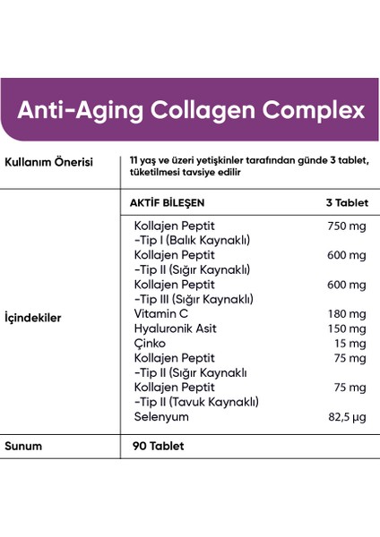 Anti-Aging Collagen Complex, Hyalüronik Asit, Çinko, Selenyum & Vitamin C, 90 Tablet fiyatları