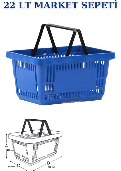 5 Adet 22 Litre Market Sepeti, Alışveriş Sepeti, Saplı Market Sepeti
