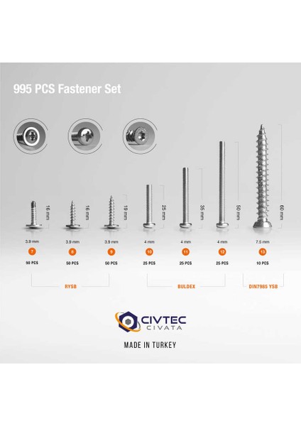 995 Parça 24 Çeşit Full Vida, Dübel, Somun ve Pul Seti - Takım Çantası TK-110