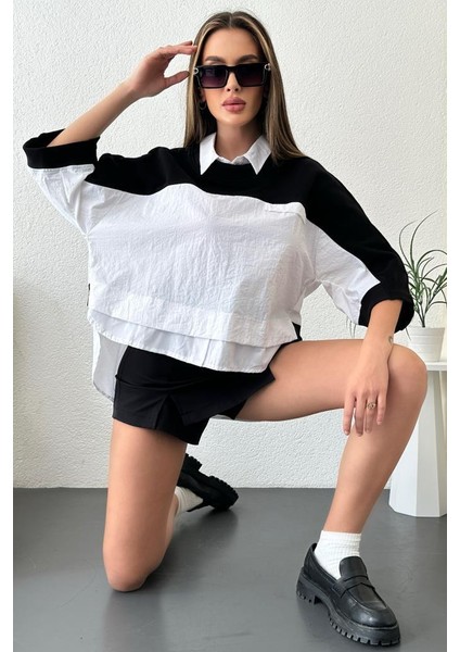 Kadın Oversize Çift Taraflı Gömlek Yaka Sweatshırt