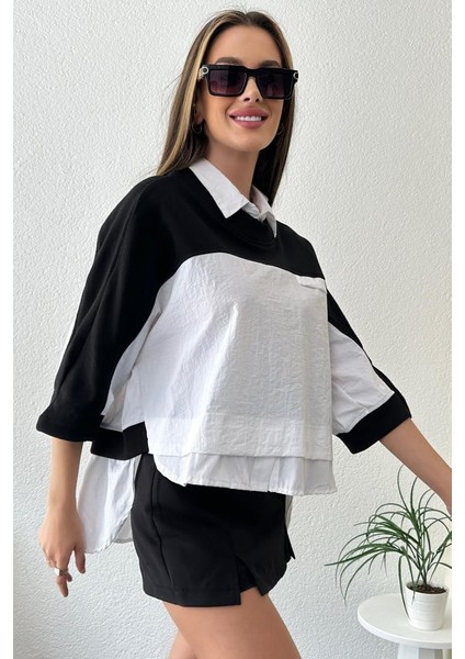 Kadın Oversize Çift Taraflı Gömlek Yaka Sweatshırt