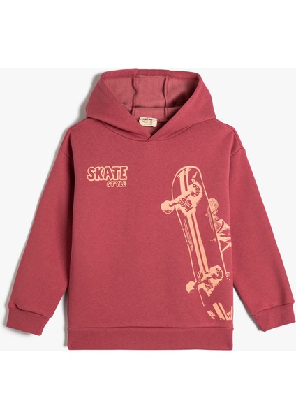Kapşonlu Sweatshirt Kaykay Temalı Uzun Kollu Şardonlu