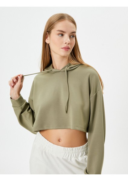 Spor Crop Kapşonlu Oversize Sweatshirt Modal Kumaş Uzun Kollu