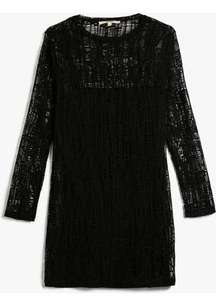 Midi Elbise Uzun Kollu Bisiklet Yaka Ajurlu