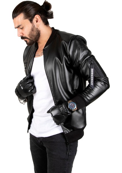 Erkek Siyah Slim Fit Suni Deri Ceket Dar Kesim Önü Fermuarlı Deri Mont 1820094 fırsatları