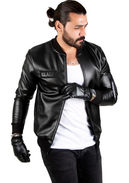 Erkek Siyah Slim Fit Suni Deri Ceket Dar Kesim Önü Fermuarlı Deri Mont 1820094 modelleri