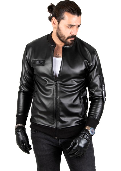 Erkek Siyah Slim Fit Suni Deri Ceket Dar Kesim Önü Fermuarlı Deri Mont 1820094 fiyatları
