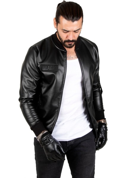 Erkek Siyah Slim Fit Suni Deri Ceket Dar Kesim Önü Fermuarlı Deri Mont 1820094