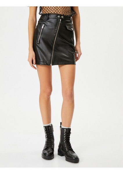 Mini Suni Deri Etek Fermuarlı Dar Kalıp Cep Detaylı modelleri