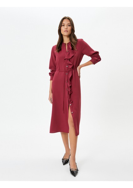 Midi Elbise Uzun Kollu Fırfırlı Düğmeli Beli Bağlamalı fiyatları