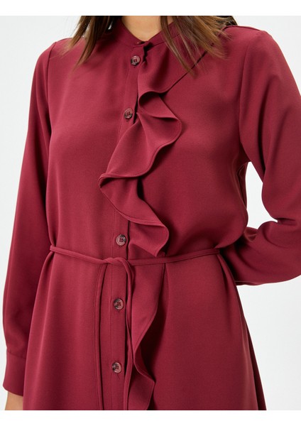 Midi Elbise Uzun Kollu Fırfırlı Düğmeli Beli Bağlamalı indirimleri