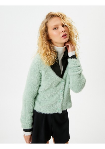 Peluş Triko Crop Hırka Uzun Kollu Düğmeli V Yaka