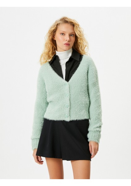 Peluş Triko Crop Hırka Uzun Kollu Düğmeli V Yaka modelleri