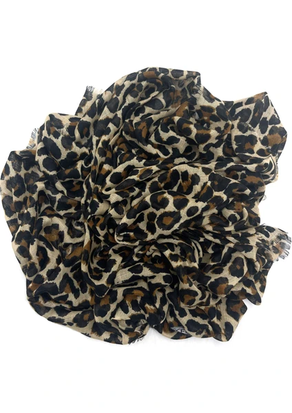 Naz İpek Leopar Desen Flamlı Pamuklu Yazma Eşarp 100X100CM