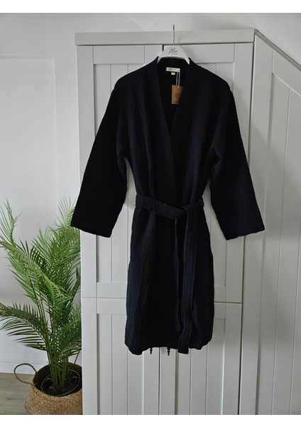 4 Kat Müslin Pamuk Siyah Kimono Unisex XL Bornoz - Sabahlık