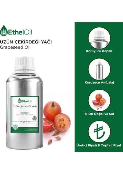 Üzüm Çekirdeği Sabit Yağı - Etheloil – 500 gr - %100 Saf ve Sabit Yağ – Üretici Firma, Yüksek Kalite, Toptan Satış - Grapeseed Oil- Vitis Vinifera L.