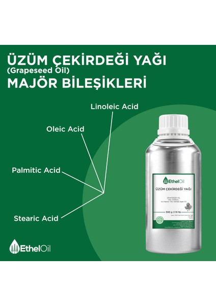 Üzüm Çekirdeği Sabit Yağı - Etheloil – 500 gr - %100 Saf ve Sabit Yağ – Üretici Firma, Yüksek Kalite, Toptan Satış - Grapeseed Oil- Vitis Vinifera L.