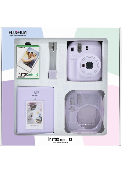 Instax Mini 12 Lila Fotoğraf Makinesi 10'lu Film Simli Pleksi Kılıf Pvc Albüm ve Kıskaçlı Resim Standı Bundle Box