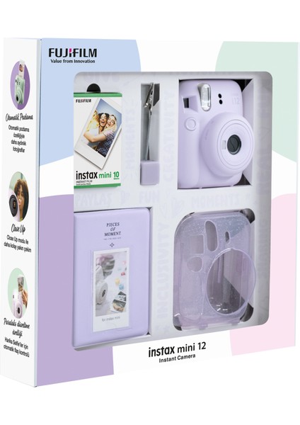 Instax Mini 12 Lila Fotoğraf Makinesi 10'lu Film Simli Pleksi Kılıf Pvc Albüm ve Kıskaçlı Resim Standı Bundle Box