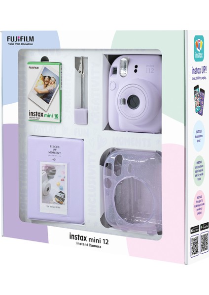 Instax Mini 12 Lila Fotoğraf Makinesi 10'lu Film Simli Pleksi Kılıf Pvc Albüm ve Kıskaçlı Resim Standı Bundle Box