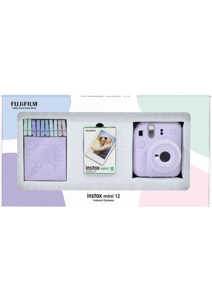 Instax Mini 12 Lila Fotoğraf Makinesi 10'lu Film ve Mandal Bundle Box